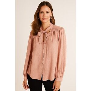 Ann taylor LOFT Blouse Button Down Pink Collar Tie Swiss Dot Size L